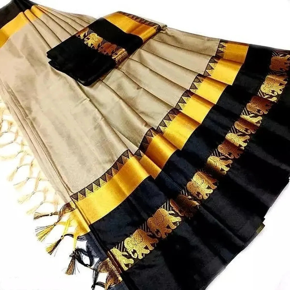 Chiku & Black  Soft Cotton Silk Royal Procession Drape Saree For Women